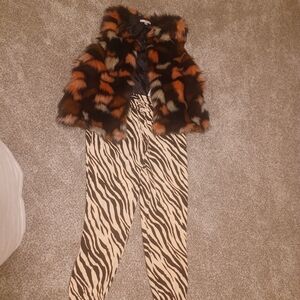 Faux fur vest with animal print pants